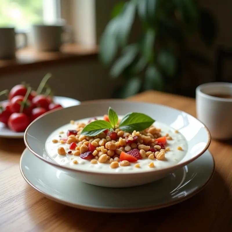 Bowl de Yogur Griego con Granados y Nueces: Desayuno Persa Rico en Antioxidantes