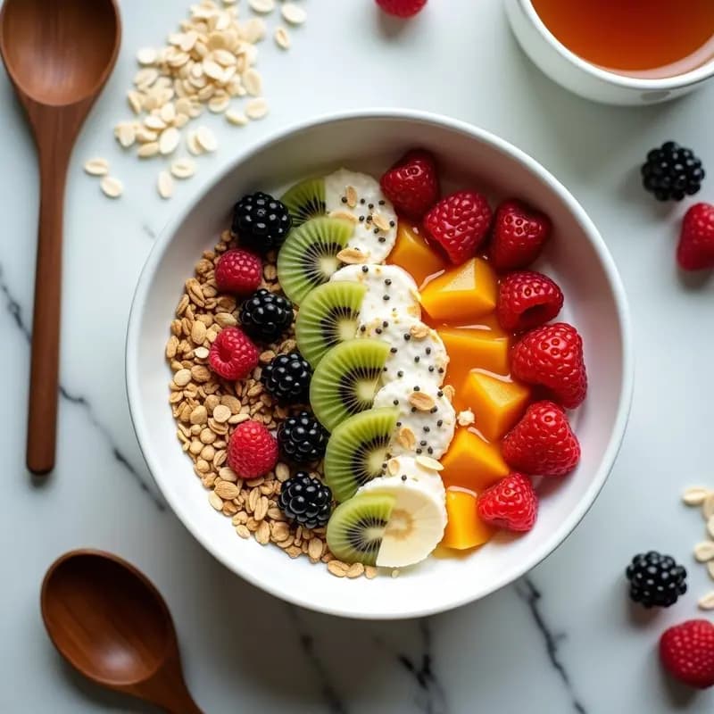 Bowl de Yogur Griego con Granola de Avena y Frutas de Temporada en Forma de Arcoíris: Desayuno Instagramable