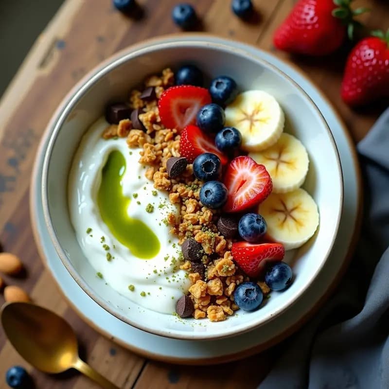 Bowl de Yogur Griego con Granola de Matcha y Polvo de Oro Comestible: Desayuno Instagramable