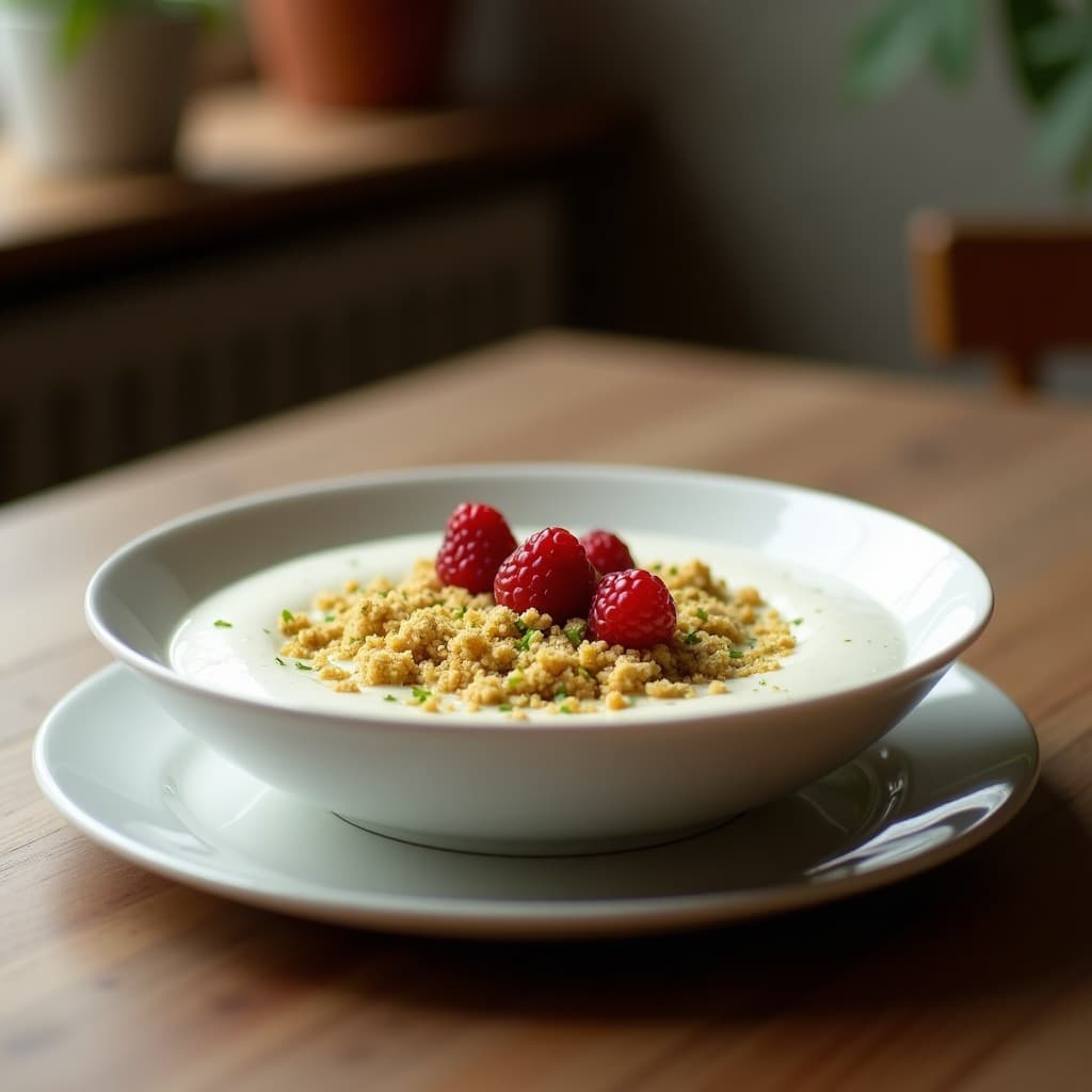 Bowl de Yogur de Soja con Granola de Pistacho y Mimbre de Frambuesas: Postre Proteico