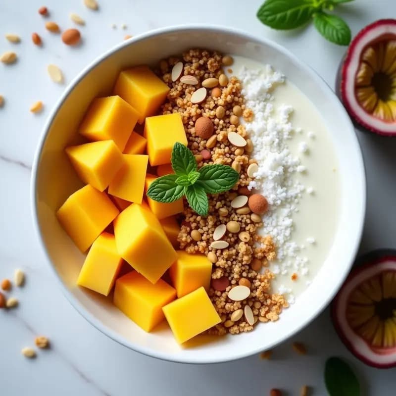 Bowl de Yogur de Soja con Granola de Quinoa y Frutas tropicales: Desayuno Proteico