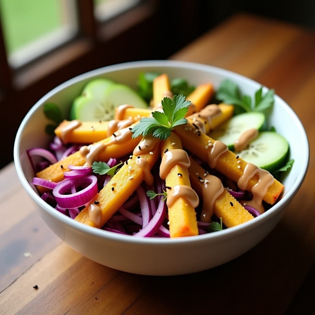 Bowl de Yuca Asada con Aderezo de Cacahuete y Chile: Receta Brasileña Vegana