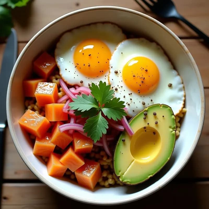 Bowl de Yuca Fermentada y Salmón Ahumado: Desayuno Colombiano Keto con Aderezo de Lulo