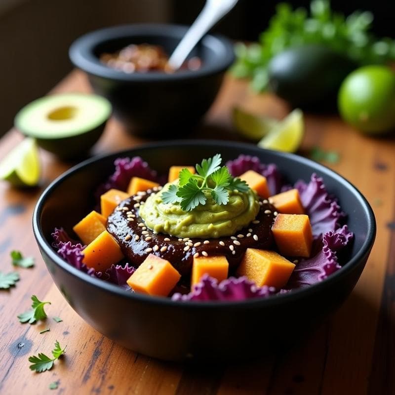 Bowl de Yuca Asada con Mole Negro y Guacamole: Receta Mexicana Sin Gluten en Olla Express