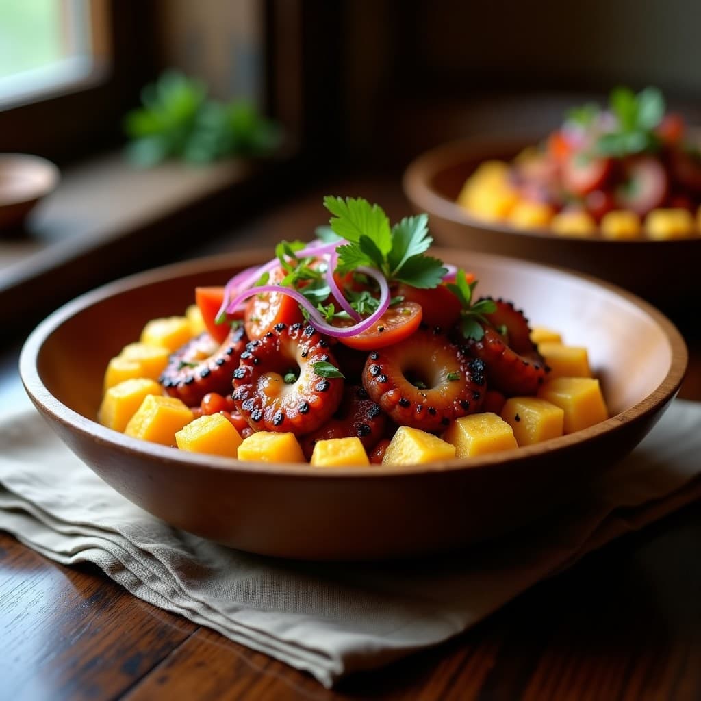 Bowl de Yuca Asada y Pulpo a la Brasa: Receta Peruana con Salsa Criolla