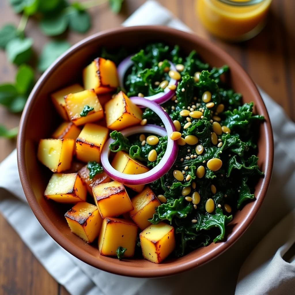 Bowl de Yukón Gold y Kale con Aderezo de Mostaza: Receta Canadiense Vegana y Reconfortante