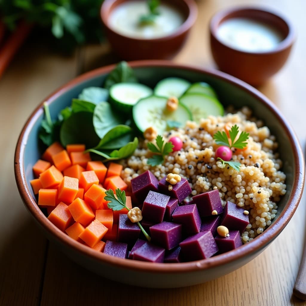 Bowlero de Batata Morada con Aderezo de Cacahuete y Sésamo: Desayuno Peruano Vegano y Sin Gluten