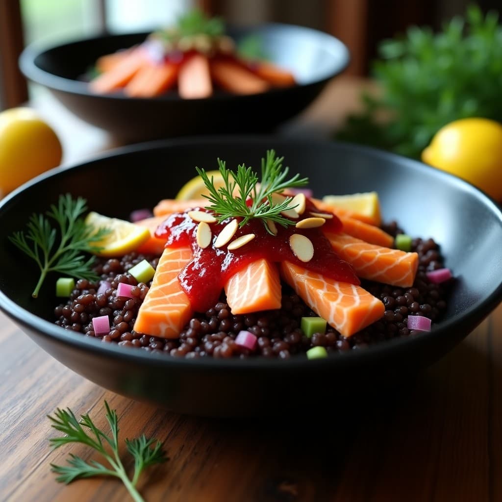 Bowls de Arroz Salvaje y Salmón al Limón: Receta Canadiense con Vinagreta de Arándanos