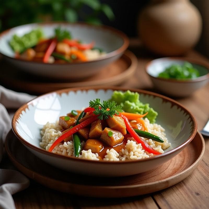 Bowls de Arroz Violetas con Pollo Teriyaki y Vegetales al Vapor: Receta en Olla Lenta