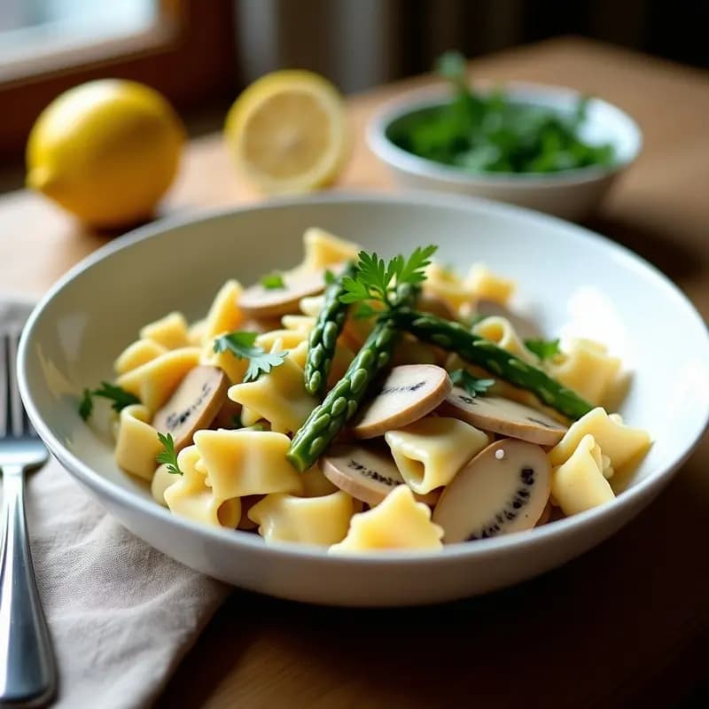 Bowtie Pasta con Salsa de Espárragos y Champiñones: Receta Italiana Vegana y en 15 Minutos