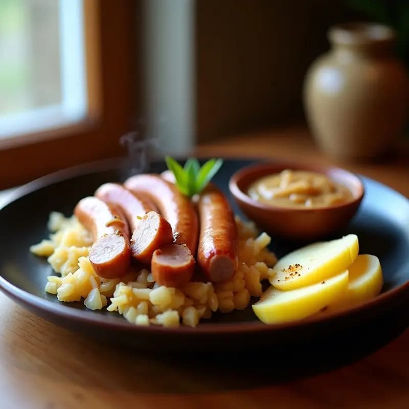 Bratwurst Alemán con Chucrut y Puré de Manzana: Receta Tradicional en Olla Lenta