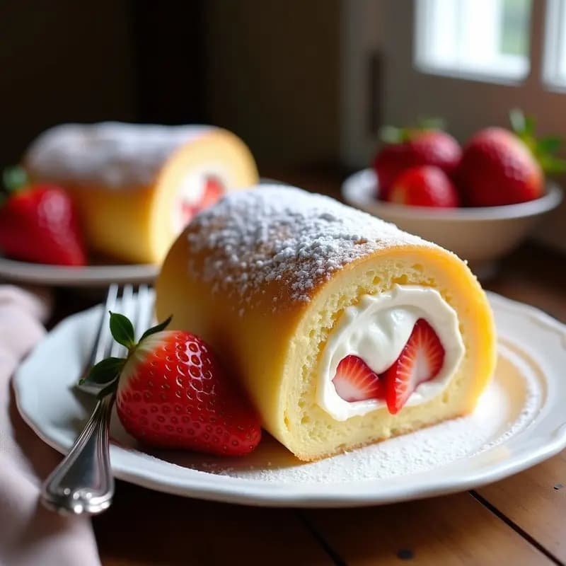 Brazo de Gitano de Nata y Fresa: Bizcocho Enrollado con Relleno Cremoso