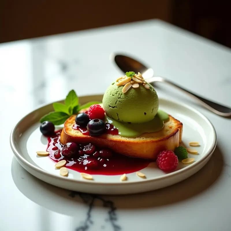 Brioche Francés con Helado de Matcha y Salsa de Frutos Rojos: Postre de Autor