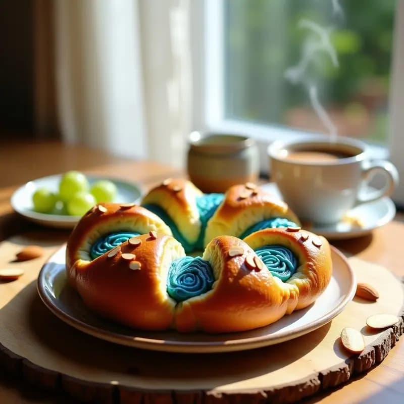 Brioche Francés de Mantequilla de Añil y Uvas: Desayuno Colorido y Gourmet