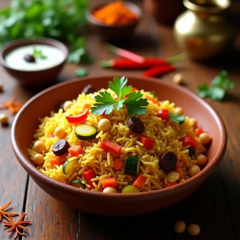Briyani de Verduras y Garbanzos: Arroz Indio Aromático con Azafrán y Cardamomo