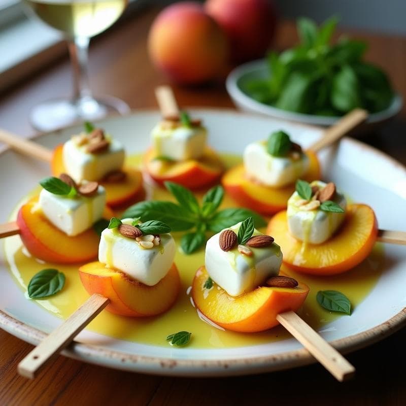 Brocheta de Durazno y Mozzarella con Vinagreta de Albahaca: Aperitivo Italiano de Verano
