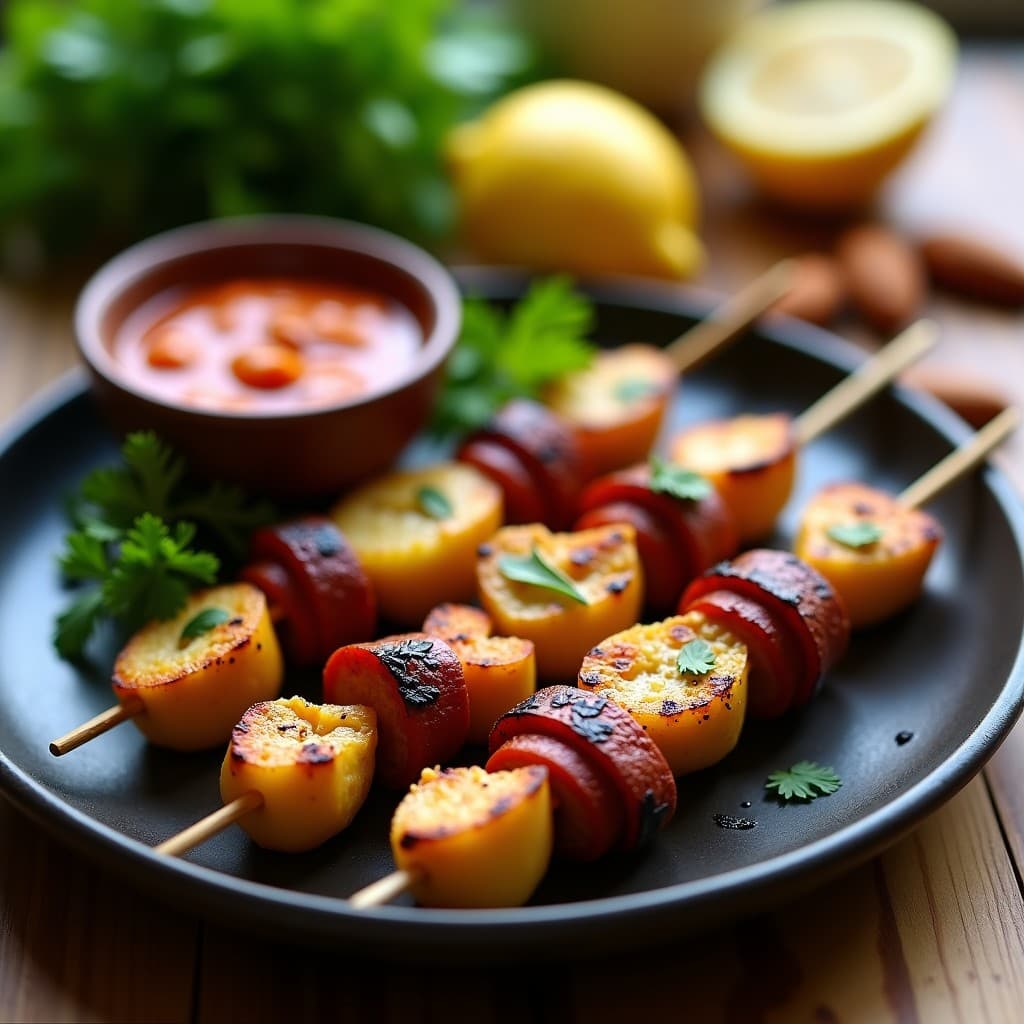 Brochetas de Corazón de Alcachofa y Chorizo Vegano con Romesco de Almendras: Receta Española en Barbacoa