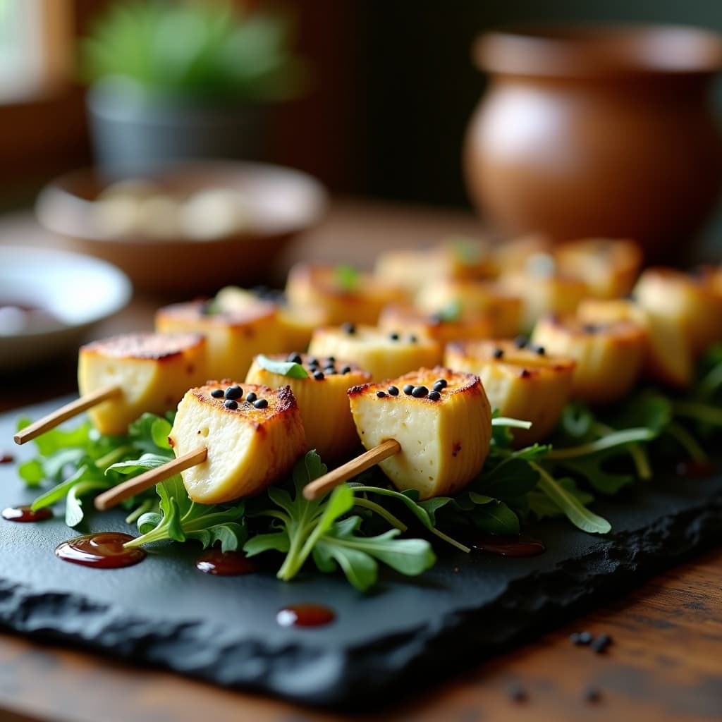 Brochetas de Corazón de Alcachofa y Queso de Anacardos con Reduction de Vinagre Balsámico: Aperitivo Gourmet Sin Lactosa