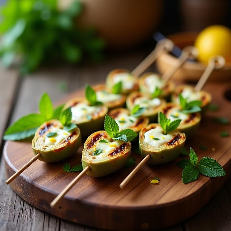 Brochetas de Corazón de Alcachofa y Queso de Anacardos: Aperitivo Vegano al Grill con Toque de Limón