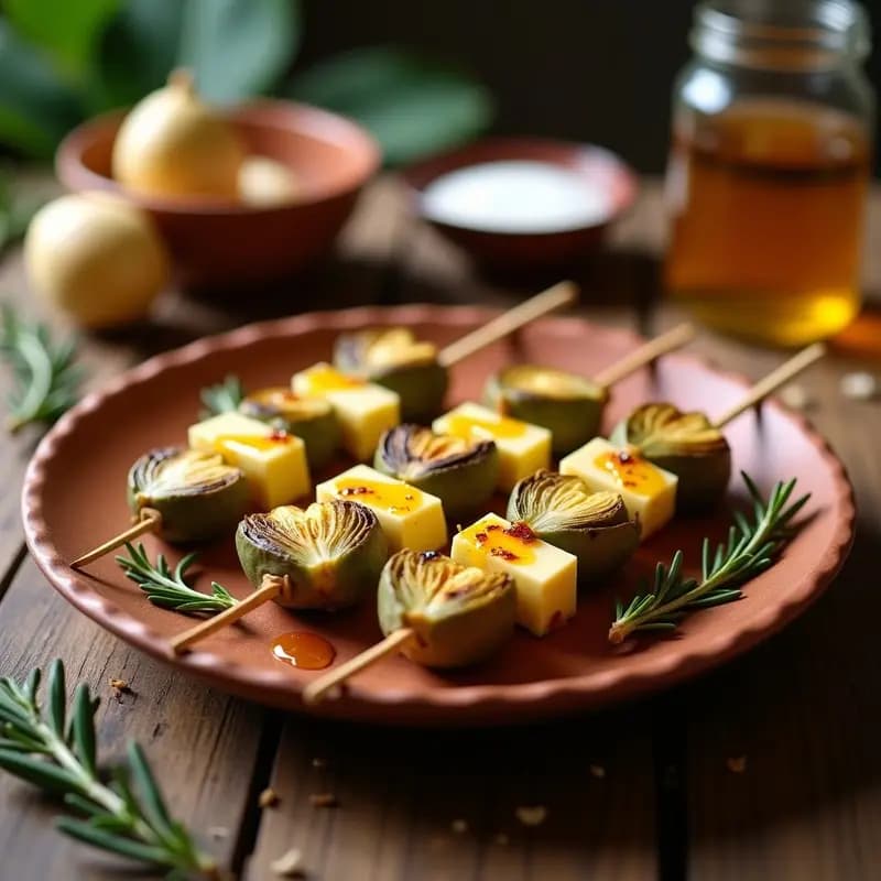 Brochetas de Corazón de Alcachofa y Queso de Cabra con Miel de Romero: Receta Mediterránea en Grill