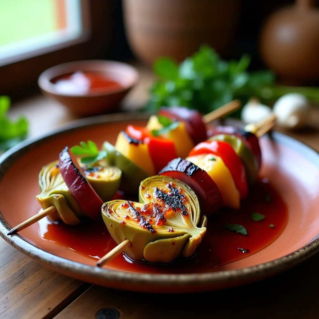 Brochetas de Corazones de Alcachofa Marinados en Salsa Banda: Receta Argentina Vegana a la Parrilla