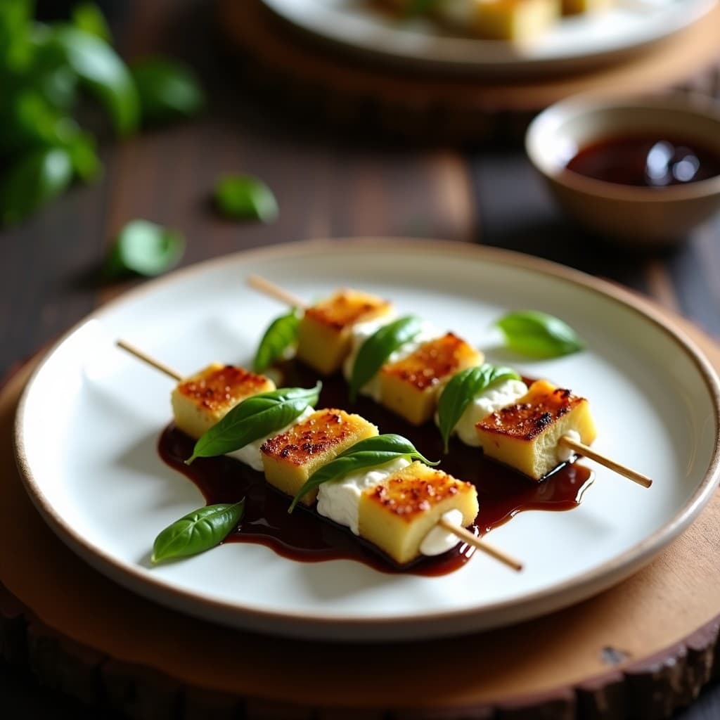 Brochetas de Corazón de Alcachofa y Stracciatella de Búfala con Reducción de Vinagre Balsámico: Entrante Italiano Gourmet