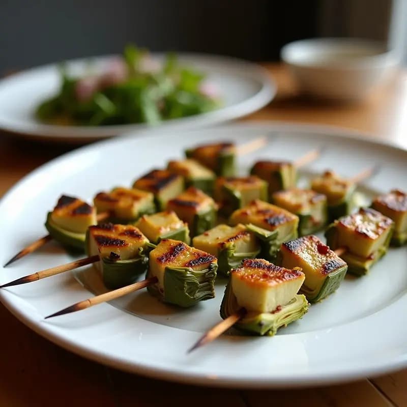 Brochetas de Corazón de Alcachofa y Tofu Ahumado: Aperitivo Mediterráneo Keto en 15 Minutos