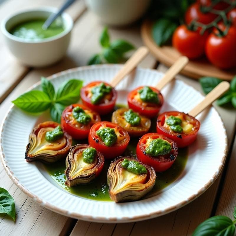 Brochetas de Corazones de Alcachofa y Tomates Secos con Pesto de Albahaca: Receta Vegana en Airfryer