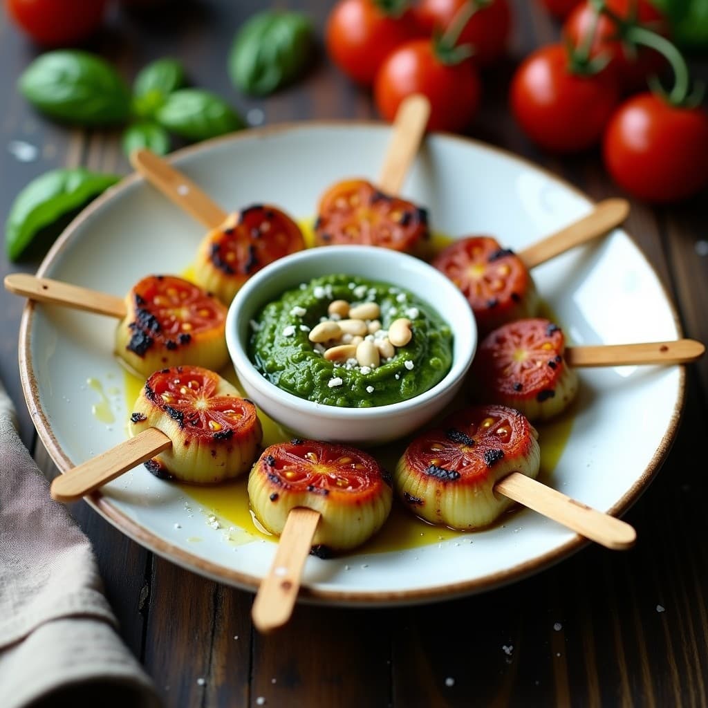 Brochetas de Corazón de Alcachofa y Tomates Secos con Pesto de Rúcula: Aperitivo Italiano Sin Gluten