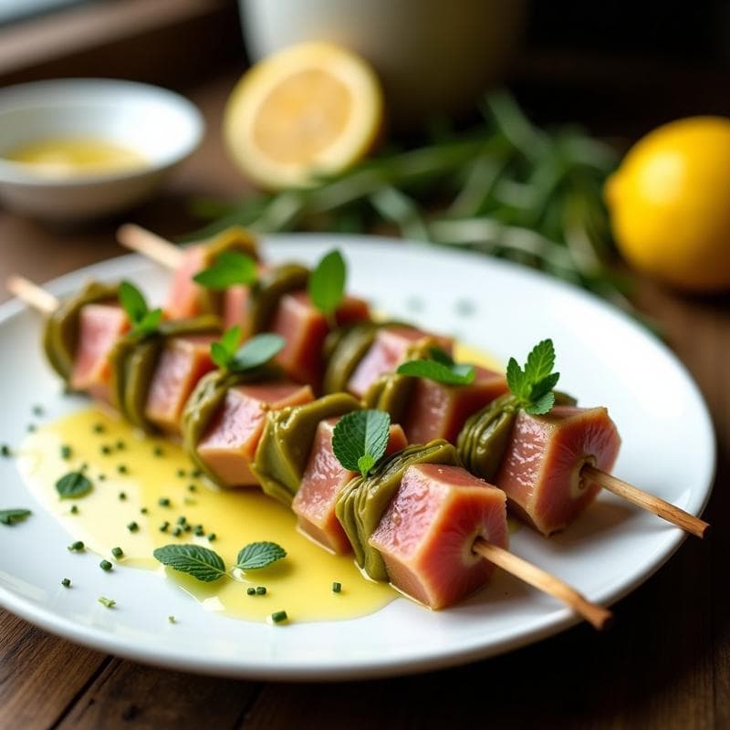 Brochetas de Corazón de Alcachofa y Ventresca con Vinagreta de Limón Confitado: Entrante Gourmet en 10 Minutos