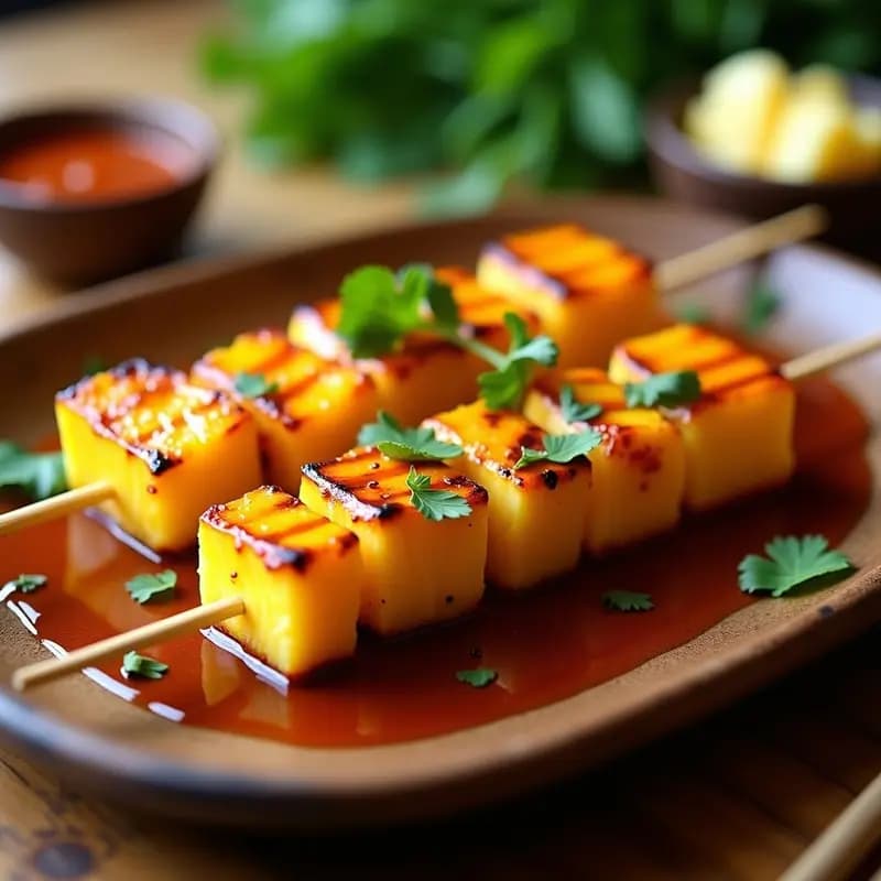Brochetas de Ananás y Queso Vegano con Salsa de Tamarindo: Aperitivo Tailandés en Grill
