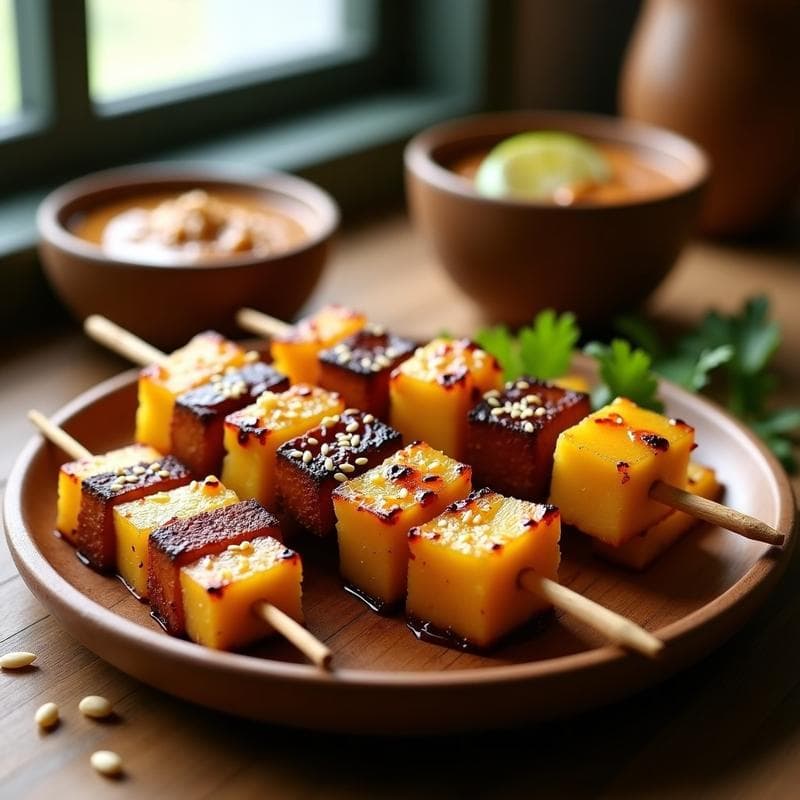 Brochetas de Ananás y Tempeh con Salsa de Cacahuete: Receta Indonecia en Airfryer