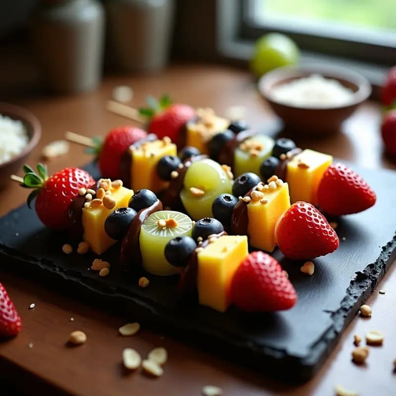 Brochetas Arcoíris de Frutas con Chocolate Negro y Toppings Crujientes: Postre 100% Instagramable