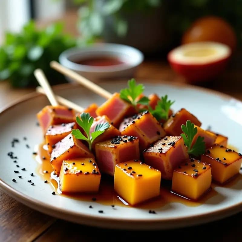 Brochetas de Atún y Mango con Salsa de Soja y Jengibre: Receta Fusion Asia-Americana