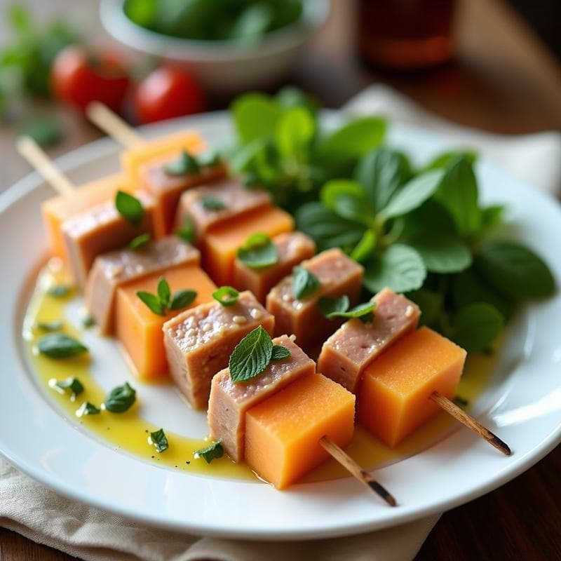 Brochetas de Atún y Melón Cantalupo: Receta Griega en Airfryer con Vinagreta de Menta