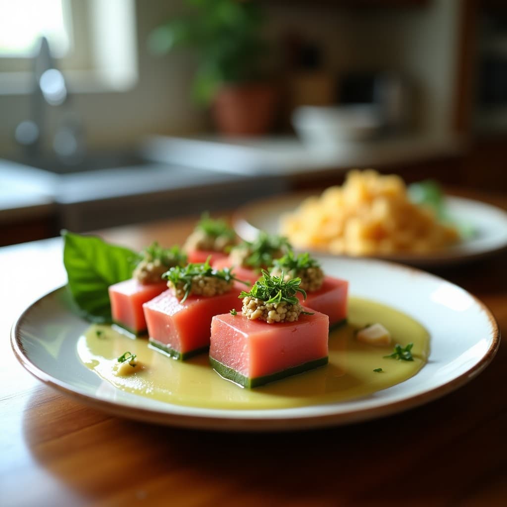 Brochetas de Atún Ahumado y Melón Cantalupo con Vinagreta de Wasabi: Aperitivo Keto en 10 Minutos