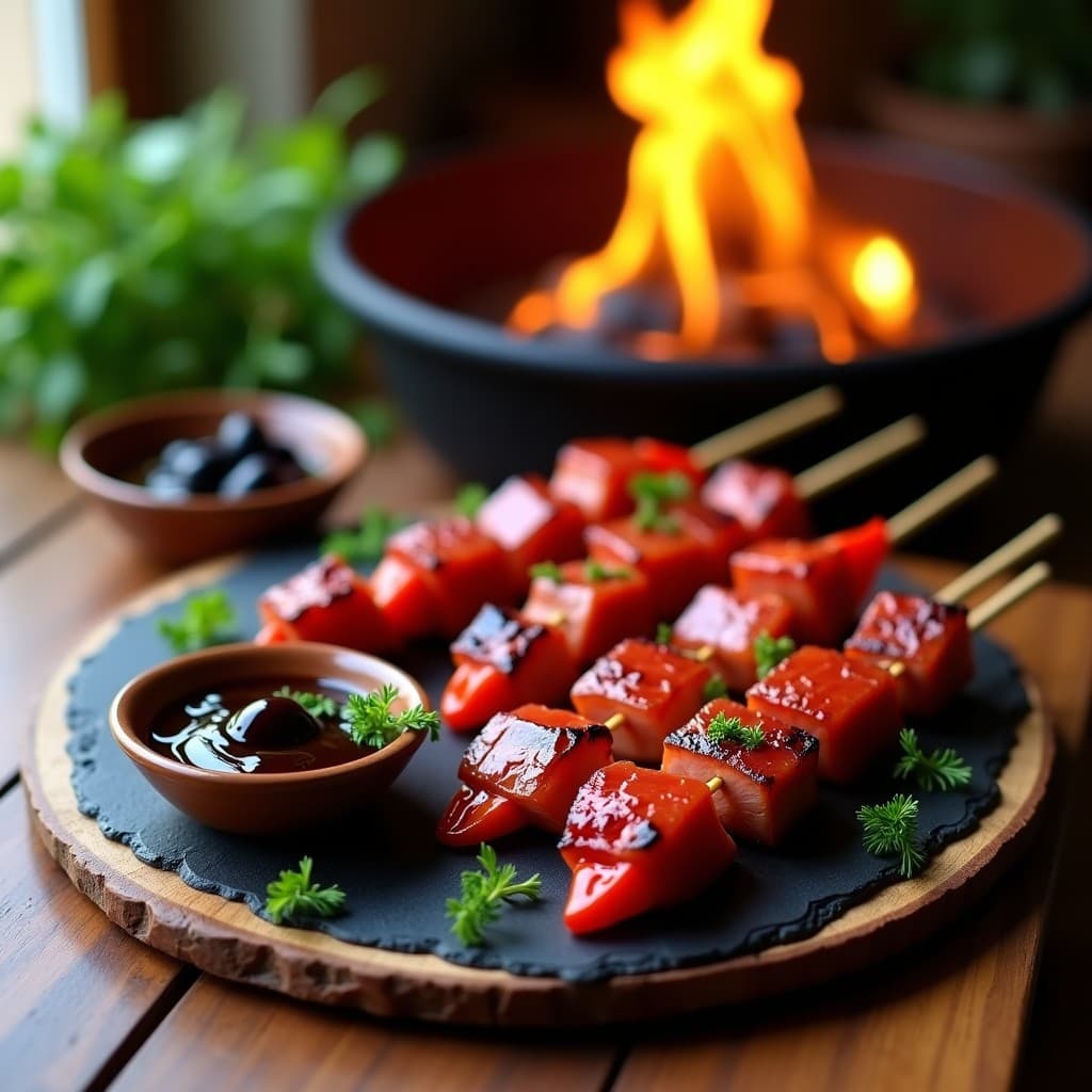 Brochetas de Atún Rojo y Pimiento del Padrón con Salsa de Aceitunas Negras: Receta Vasca en Barbacoa