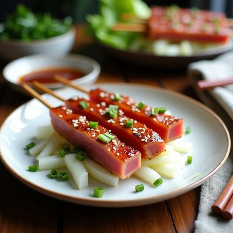 Brochetas de Atún Marinado en Salsa Ponzu: Receta Japonesa al Grill con Ensalada de Rábano Daikon