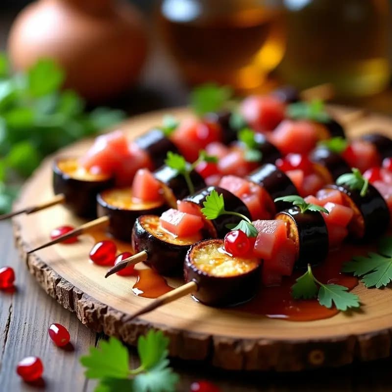 Brochetas de Berenjena Ahumada y Mojama con Glaseado de Miel de Granada: Aperitivo Español Gourmet