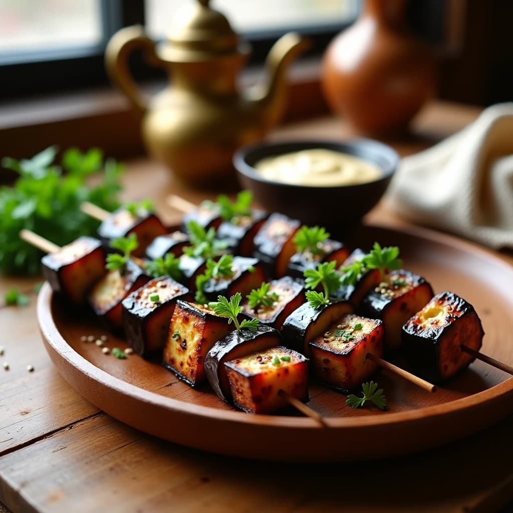 Brochetas de Berenjena Ahumada y Tahini: Receta Árabe Vegana en Grill con Toque Cremoso