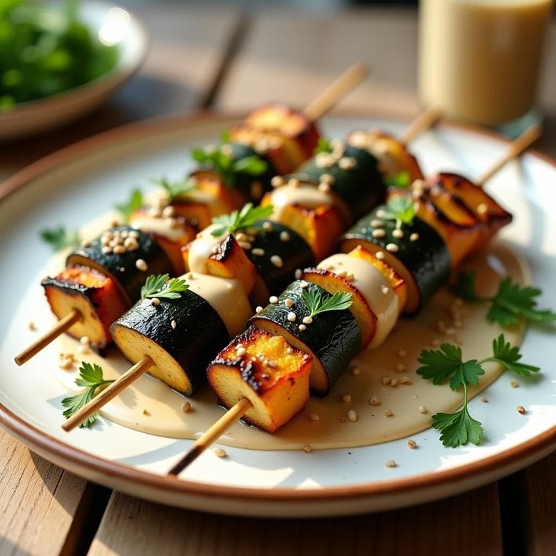 Brochetas de Berenjena y Calabacín con Aderezo de Tahini: Receta Vegana en Airfryer
