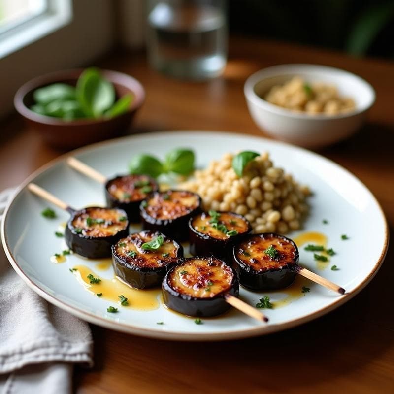 Brochetas de Berenjena Marinada y Dátiles con Salsa de Tahini: Receta Árabe en Airfryer