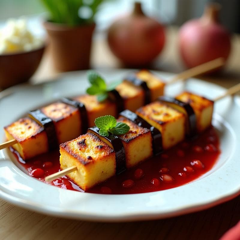 Brochetas de Berenjena y Halloumi con Salsa de Granado: Receta en Airfryer Mediterránea y Sin Gluten