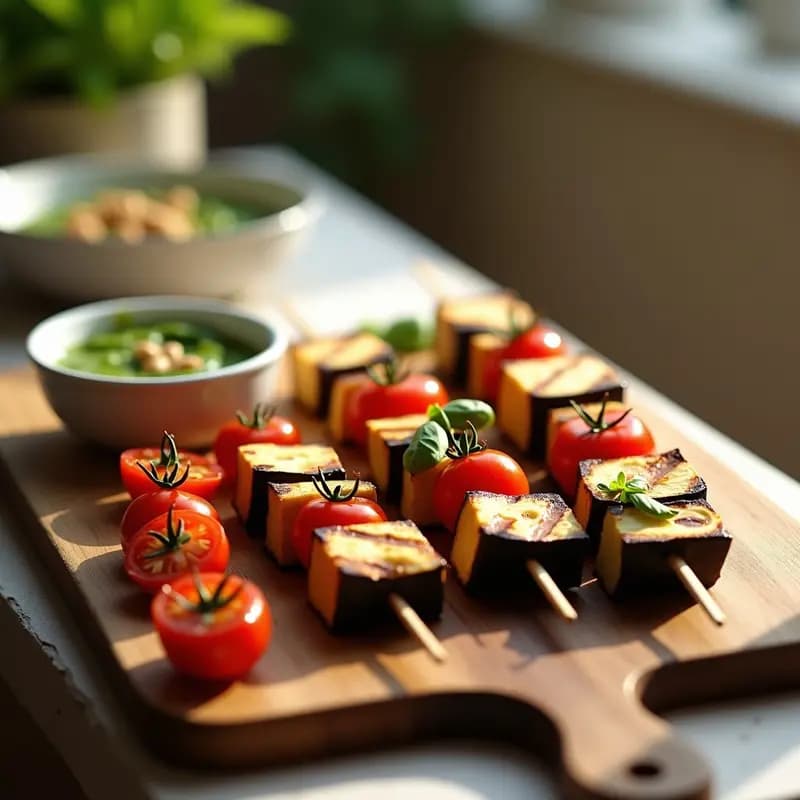 Brochetas de Berenjena y Halloumi con Pesto de Albahaca: Receta Griega en Grill