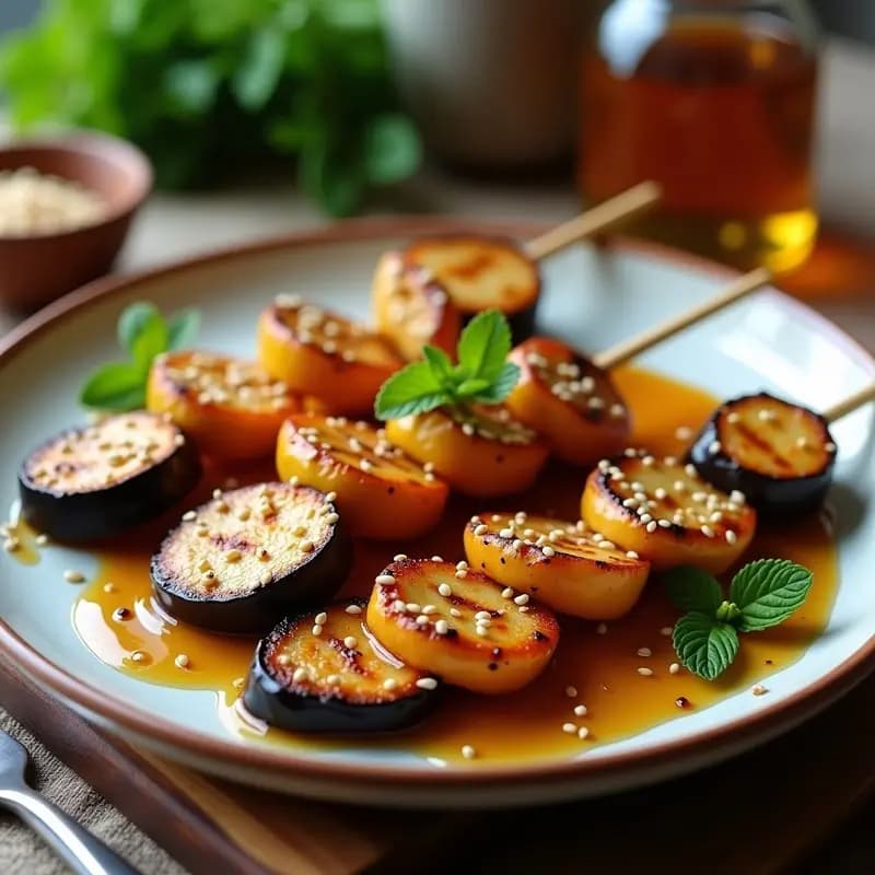 Brochetas de Berenjena Glaseada con Miel de Dátiles y Queso de Almendras: Receta Vegetariana en Airfryer