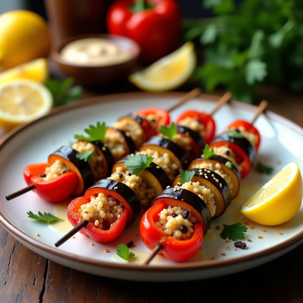 Brochetas de Berenjena y Pimiento Rellenas de Quinoa y Pasas: Receta Vegana en Airfryer