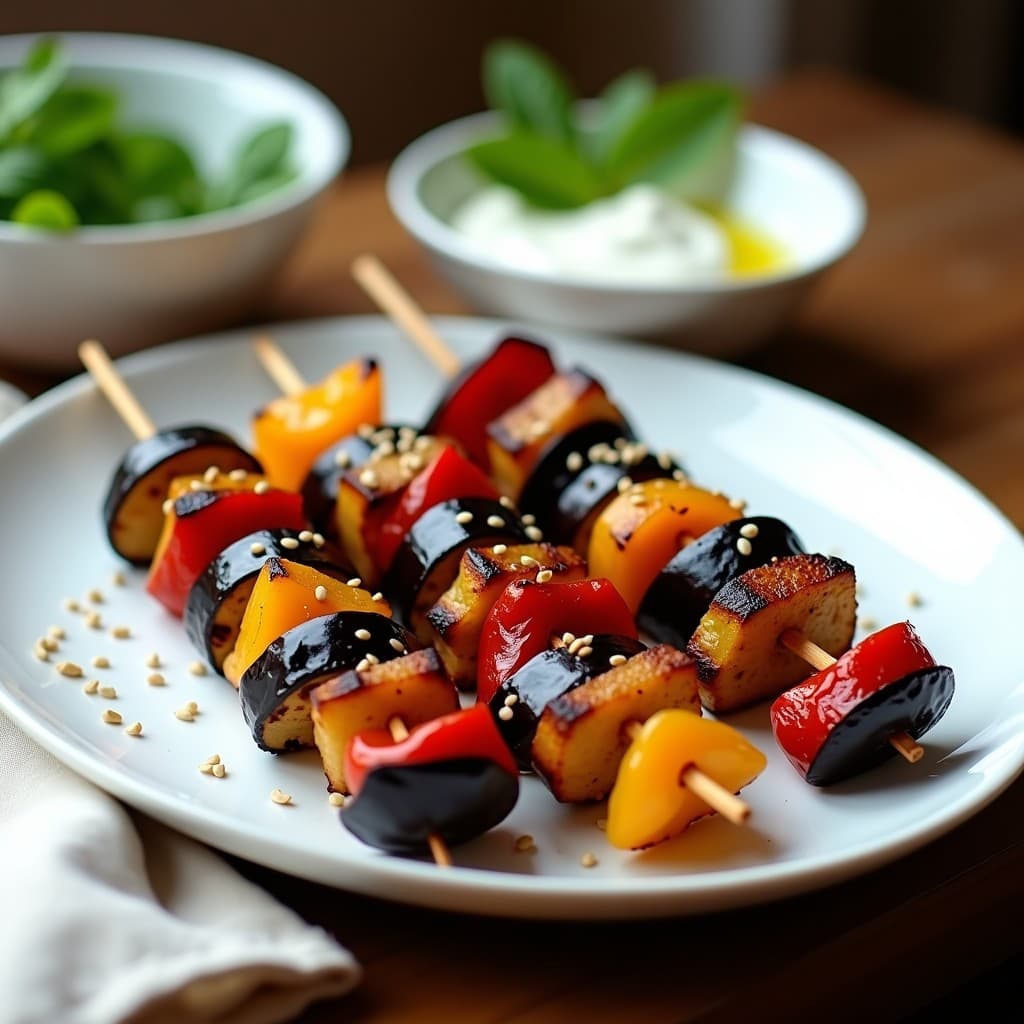 Brochetas de Berenjena y Pimientos: Receta en Airfryer con Salsa de Yogur de Soja y Menta