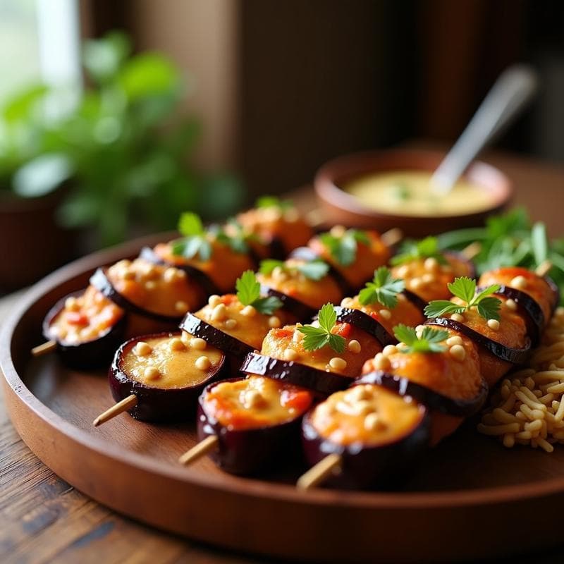 Brochetas de Berenjena y Pollo al Satay: Receta Indonesa en Airfryer con Cacahuetes