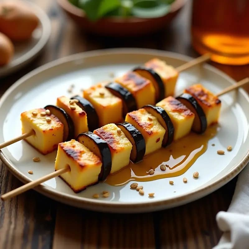Brochetas de Berenjena y Queso Fazuel: Aperitivo Turco en Airfryer con Miel y Sésamo