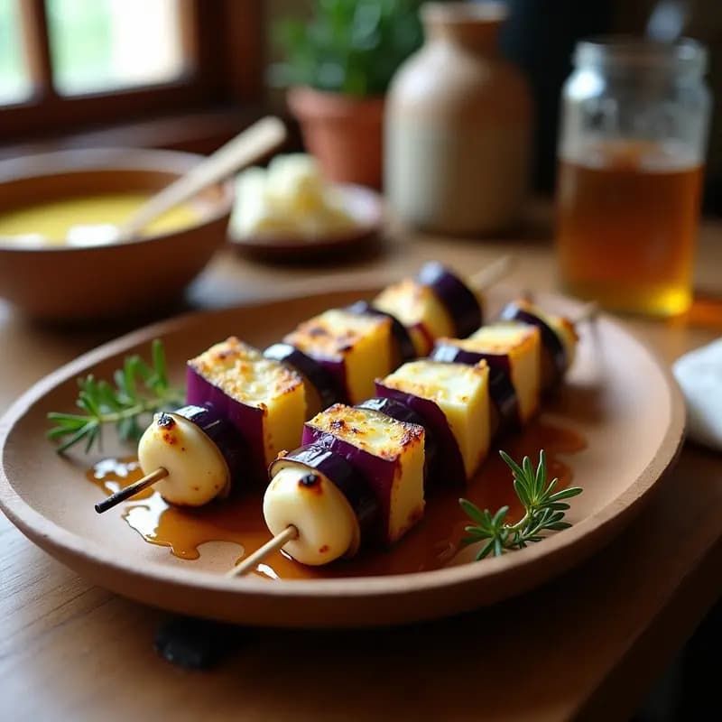 Brochetas de Berenjena Marinada y Queso Feta: Aperitivo Griego en Grill con Toque Ahumado